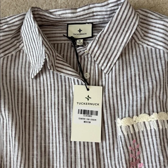 Tuckernuck NWT Callahan Pink Embroidered Gray & White Striped Shirt Dress size m - Picture 3 of 4